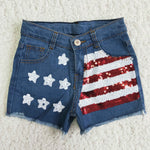 Summer Kids Star Stripe Sequins National Day Denim Girl's Shorts