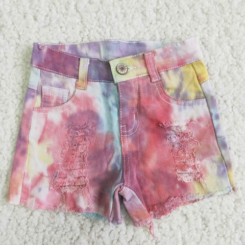 Summer Kids Tie Dry Ripped Design Fashion Denim Girl's Shorts