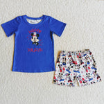 SALE D10-18  Boy's Happy Fourth mouse Blue Shorts Set