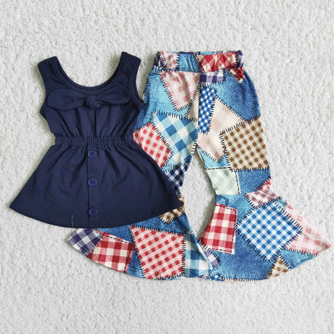 SALE Dark Blue Sleeveless Bell Pants Patch Design Set