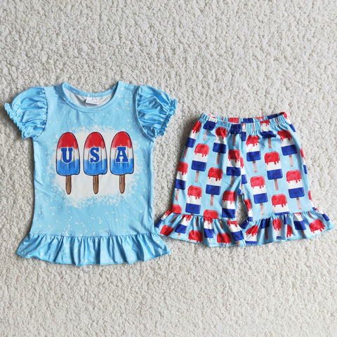 D9-29 Girl's sky blue shirt with USA letters ice cream sky blue shorts with ice-lolly
