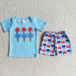 D7-15 Boy's sky blue shirt with USA letters ice cream sky blue shorts with ice-lolly