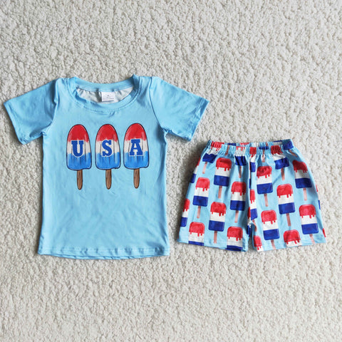 D7-15 Boy's sky blue shirt with USA letters ice cream sky blue shorts with ice-lolly