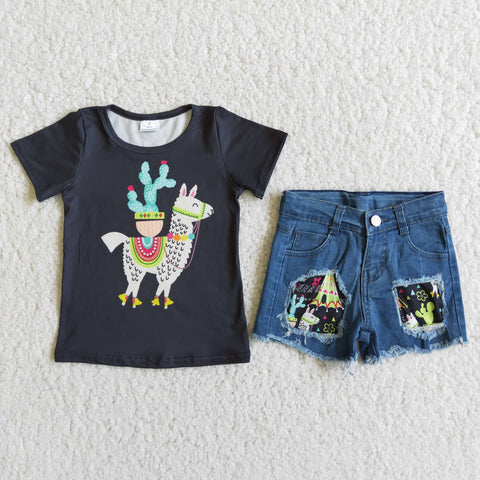 Alpaca black Jeans Denim shorts Girl's set