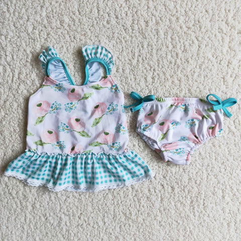 Girl summer blue flower floral two piece swimsuit