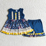 Summer Flower Blue With Lace Ruffles Shorts Set