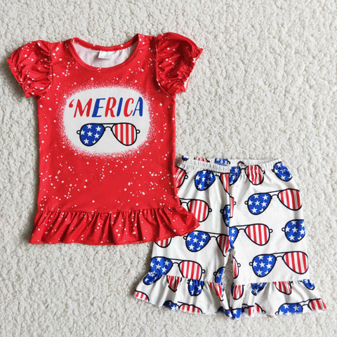 Girl's Merica Glasses Blue Shorts Set