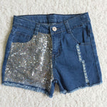 Summer Kids Sequins Ripped Design Fashion Denim Girl's Shorts