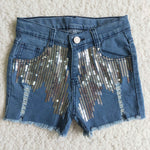 Summer Kids Sequins Ripped Design Fashion Denim Girl's Shorts