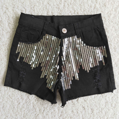 D8-4 Summer Kids Black Sequins Ripped Design Fashion Denim Girl's Shorts