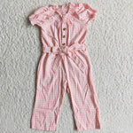 New Design Pink Plaid Jumpsuit With Button Belt