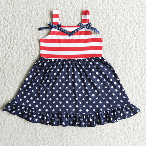 Girl dress with white star red stripe two blue bow