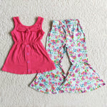 SALE A18-11 Pink Flower Sleeveless Bow With Buttons Outfits