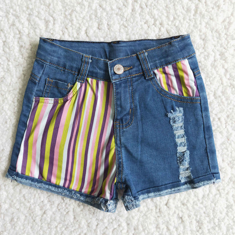 Summer Kids Stripe Ripped Fashion Denim Girl's Shorts