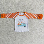 SALE 6 B6-31 Halloween Pumpkin Car Orange Dots Ruffles Long Sleeves Shirt