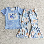 SALE B9-13 Halloween Girl's Fall Blue Pumpkins Short Sleeves Set