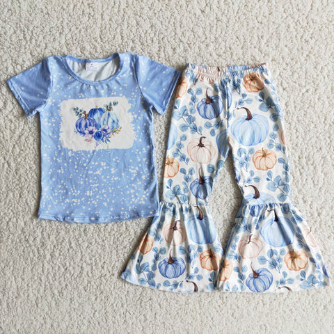 SALE B9-13 Halloween Girl's Fall Blue Pumpkins Short Sleeves Set