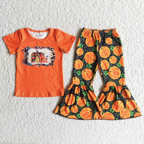 SALE B6-1 Halloween Girl's Fall Orange Pumpkins Short Sleeves Set
