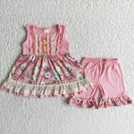 Summer Flower PinkWith Lace Ruffles Shorts Set