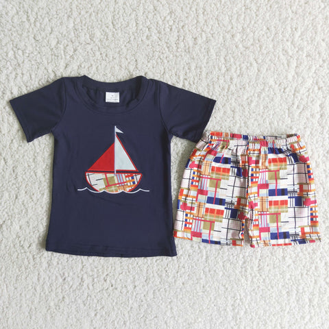 Deep blue shirt with sailboat Boy's shorts set