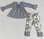 Girl's Gray With Buttons Floral Ruffles Colorful Outifts