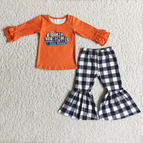 SALE 6 A8-29 Halloween Fall Pumpkin Plaid Print Girl's Outfits