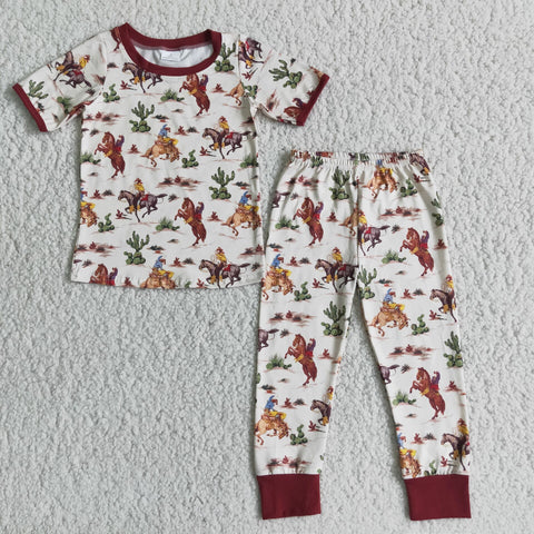 Boy's Cowboy Brown Horse Riding Short Sleeves Pajamas