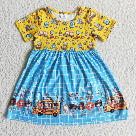 Back To School Bus Yellow Blue Dress