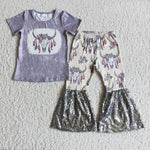 SALE D1-14 Girl's Gray Bull Skull Sequins Short Sleeves Set