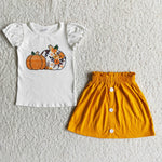 Halloween Pumpkin White Short Shirt Orange Skirt Girl's Outfits
