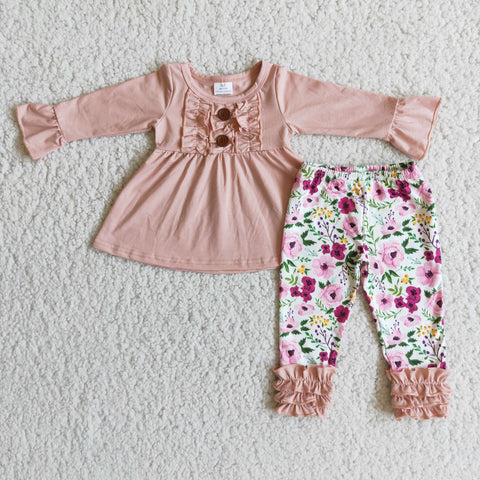 Girl's Flesh Pink With Buttons Floral Ruffles Colorful Outifts
