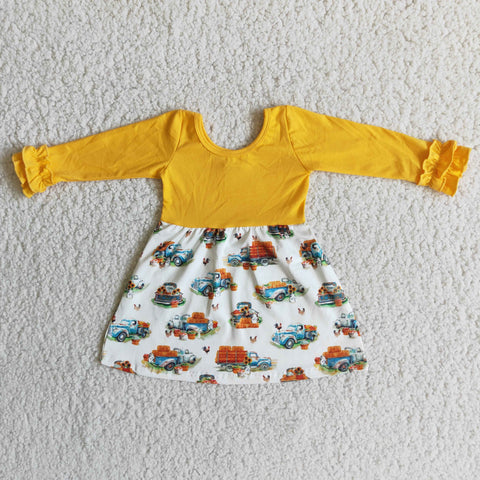 Baby Girl's Dress Yellow Pumpkin Car Print Long Sleeves
