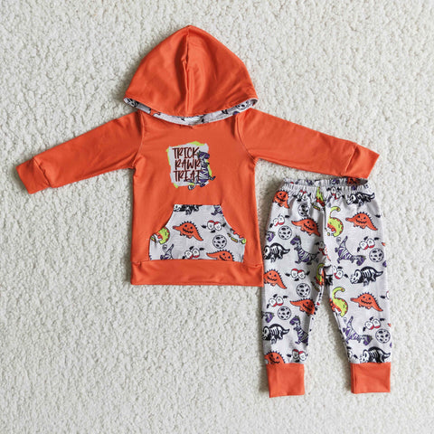 SALE 6 B9-4 Boy's Hoodie Orange Dinosaur Print Long Pants Outfits