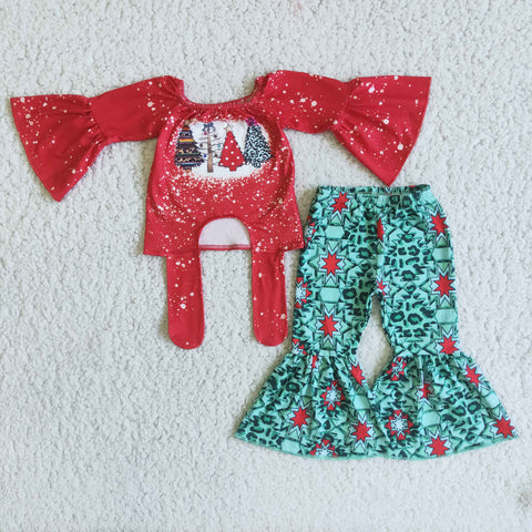 Girl's Clothing Outfits Christmas Tree Print Red New Set