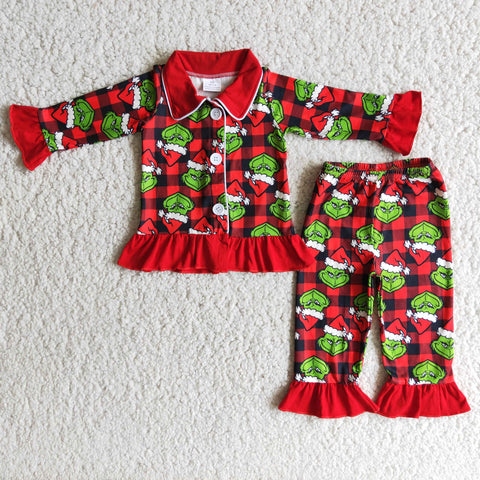Boutique Girl's Pajamas Red Green animal Christmas Cartoons Print With Buttoms