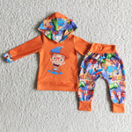 Boy's Hoodie Orange Cartoons glasses Print Long Pants Outfits