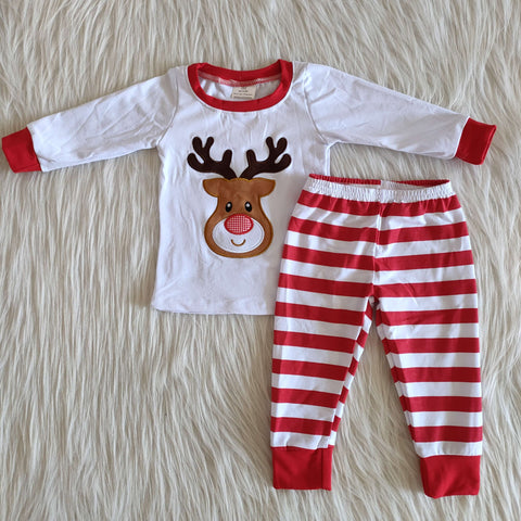 6 A18-28 Christmas Embroidered Red White Deer Stripe Pajamas