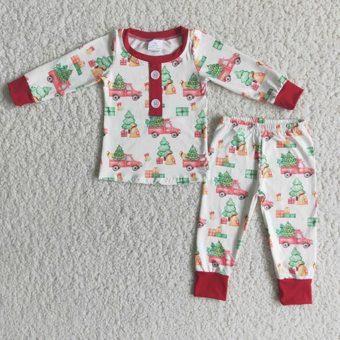 SALE 6 A15-20 Boy's Pajamas Red Christmas Tree Car Print With Buttoms