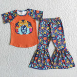 SALE E1-3 Halloween Pumpkin Orange Flower Short Sleeves Set