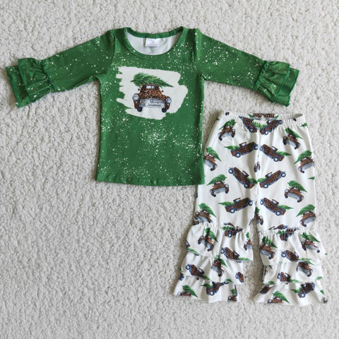 Christmas Green Long Sleeves Leopard Car Trees Ruffles Pants Sets