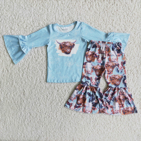 Girl's Blue Color Cow Print Long Sleeves Western Design Outfits