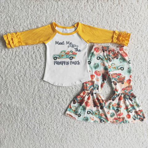 SALE 6 A2-13 Boutique Yellow Pumpkin Patch Car Print Girl's Outfits