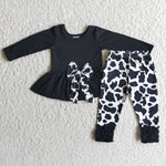 SALE 6 A16-26 Boutique Girl's Black Cow Print With Bow Ruffles Leggings Outfits