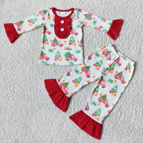 SALE 6 B3-38  Girl's Pajamas Red Christmas Tree Car Print With Buttoms