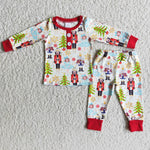 6 A6-20 Boy's Pajamas Red Christmas Tree Car Print With Buttoms Sets