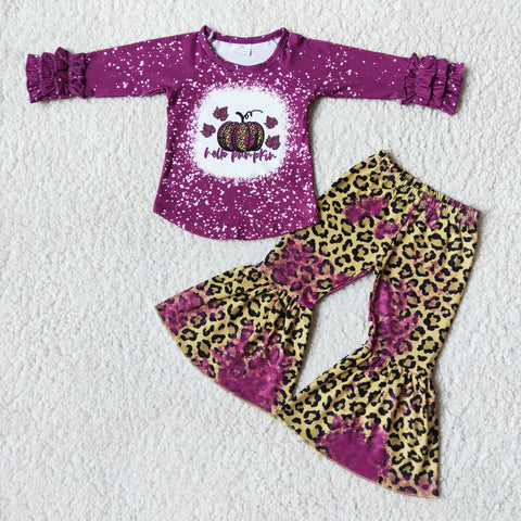 SALE 6 B8-2 Halloween Hello Pumpkin Purple Print Leopard Bell Pants Girl's Outfits