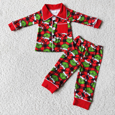 Boutique Boy's Pajamas Red Green animal Christmas Cartoons Print With Buttoms