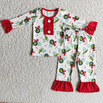 SALE 6 A20-3 Girl's Pajamas Red Christmas Green animal Cartoons Print With Buttoms