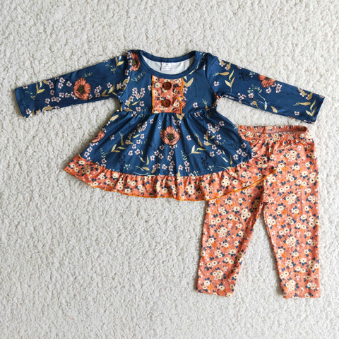 SALE 6 B4-22 Girl's Floral Blue Orange Boutique Outfits