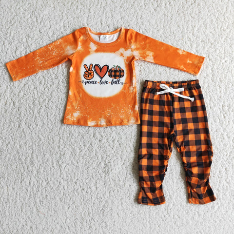 Girl's Fall Clothes Orange Pumpkin Shirt Plaid Long Pants Sets